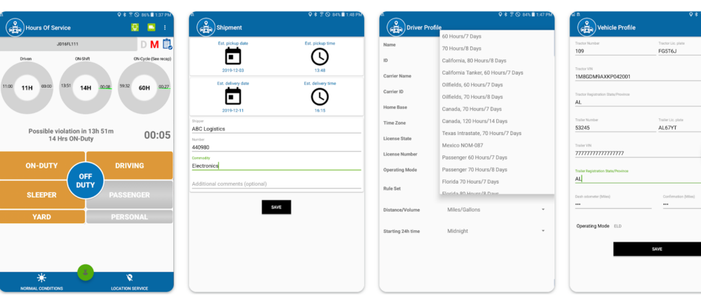 HOS Homescreen, Shipment, Driver/Vehicle Profile pages of the ELD Complete App.